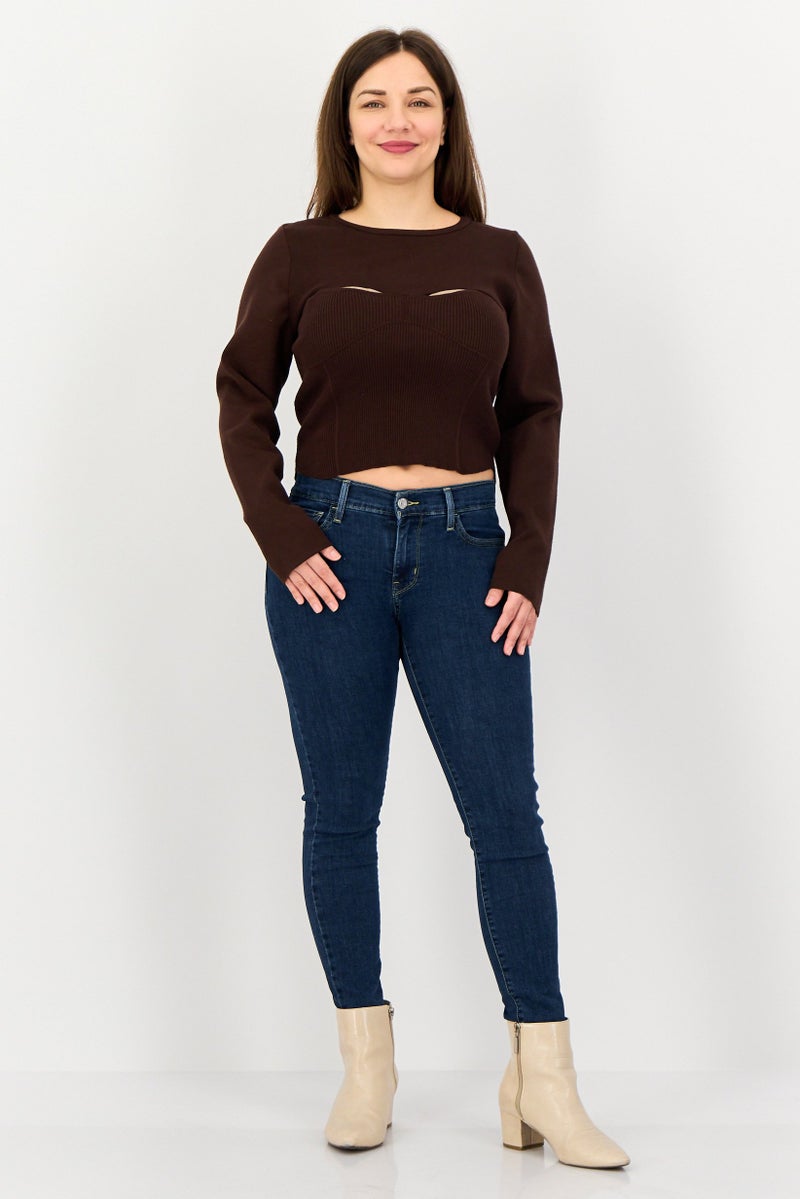 promod Women Crew Neck Long Sleeve Solid Shirt, Dark Brown - Image 4